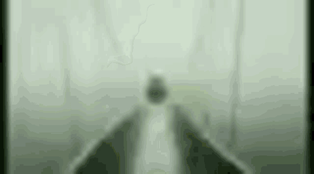 a blurred image of a person walking down a hallway in a dark room .