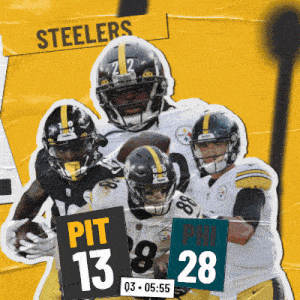 a poster for the pittsburgh steelers shows a group of football players on a yellow background