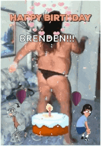 a woman in a bikini is dancing in front of a cake with a candle on it .