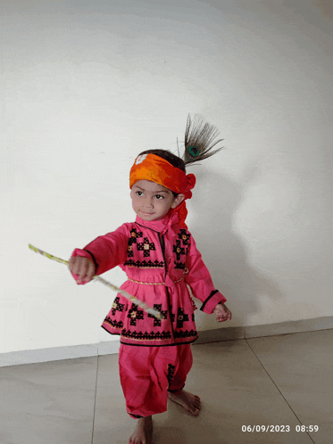 a little girl in a pink outfit with a peacock feather headband
