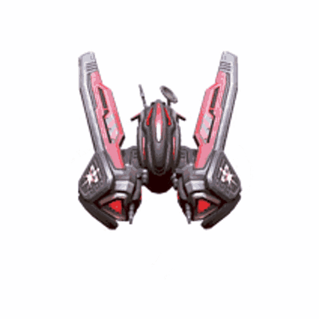 a red and black space ship with a shield on the front