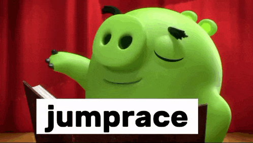 a cartoon pig is reading a book with the word jumprace behind him