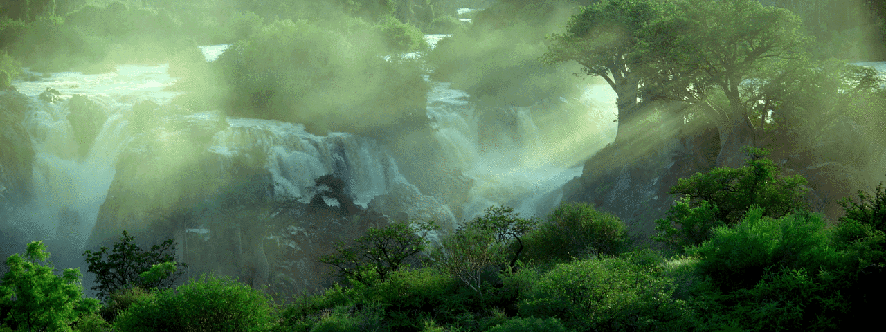 a waterfall is surrounded by trees and fog and the sun is shining through the trees