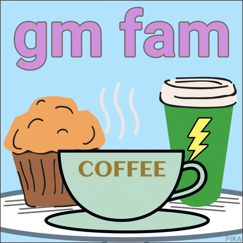 a cup of coffee next to a muffin and a green cup with a lightning bolt on it