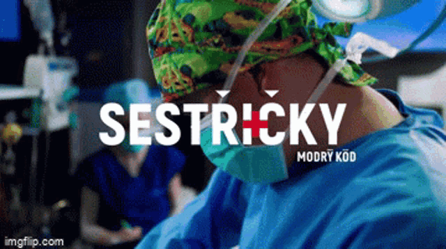 a surgeon in an operating room with the words sestricky modry kod