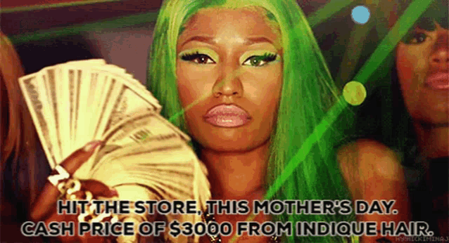 a woman with green hair is holding a stack of money