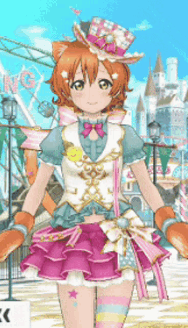 a girl with a cat ear and a top hat is standing in front of an amusement park