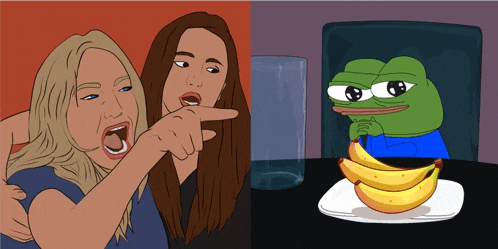 a cartoon of two women pointing at a frog with a banana on a plate