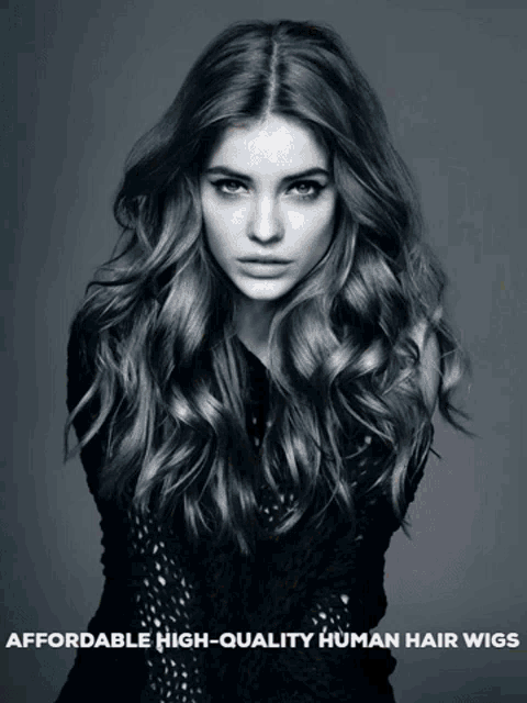 a black and white photo of a woman with the words affordable high-quality human hair wigs