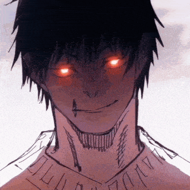 a drawing of a boy with red eyes and a tattoo on his neck
