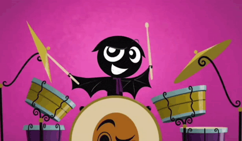 a cartoon bat is playing drums with a pink background