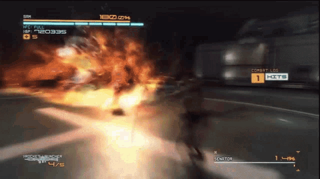 a video game screen shows a rocket launcher hitting the ground