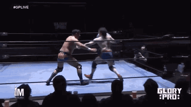 two men are fighting in a wrestling ring with the words glory pro on the bottom