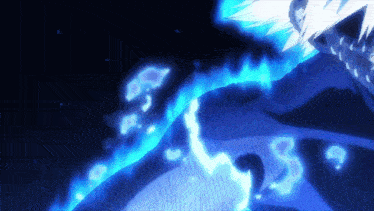 a cartoon character with blue flames coming out of his chest