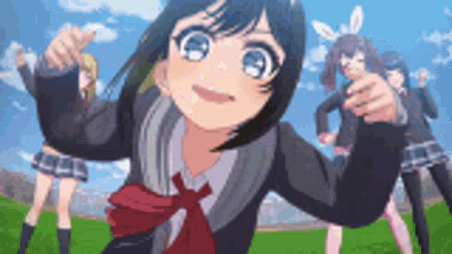 a group of anime girls are standing in a field and one girl is pointing at the camera .