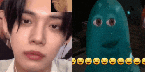 a close up of a person 's face next to a picture of a cartoon character