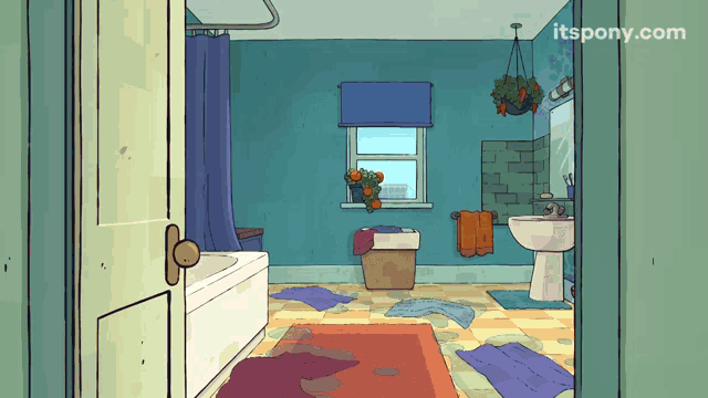 an illustration of a bathroom with the website itspony.com