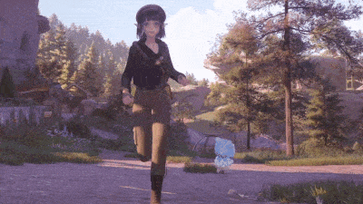 a girl in a black shirt is running in a forest