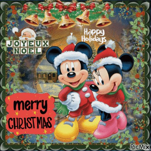 a christmas card with mickey mouse and minnie mouse says merry christmas
