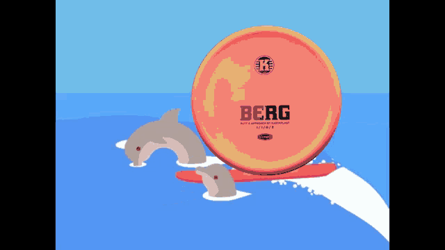 a frisbee that says berg on it is being surfed by two dolphins