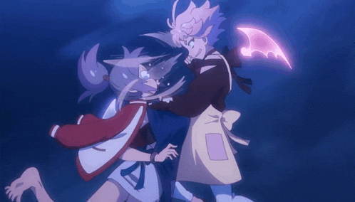 a couple of anime characters are hugging each other and one has a bat wing