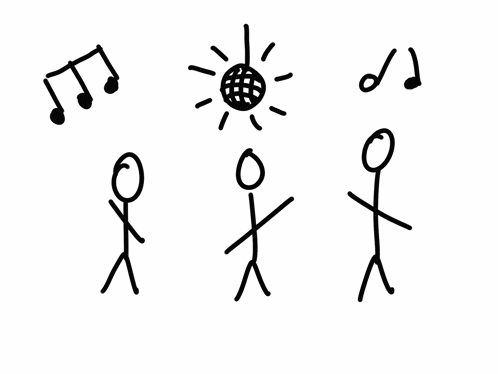 a drawing of stick figures playing music with a microphone and music notes