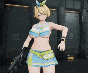 a girl in a cheerleader outfit is holding a gun and wearing a watch