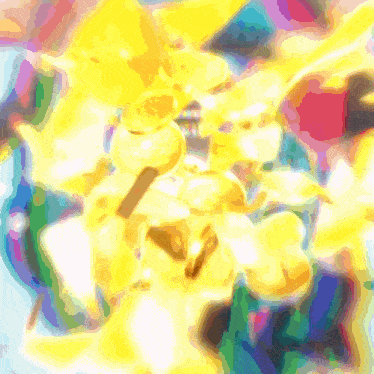 a colorful painting of a yellow flower with a blue background