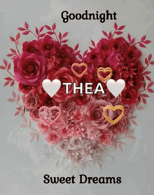 a goodnight sweet dreams card with a heart made of flowers