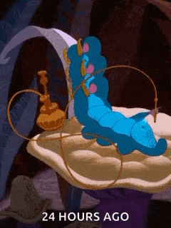 a blue caterpillar from alice in wonderland is laying on a mushroom .