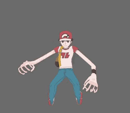 a cartoon character with very long arms and legs is wearing a red hat and a white shirt .