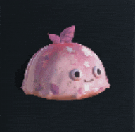 a pink cartoon character with a butterfly on its head