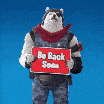 a polar bear holding a red sign that says be back soon