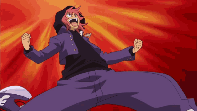 a cartoon character with purple pants and a black hoodie