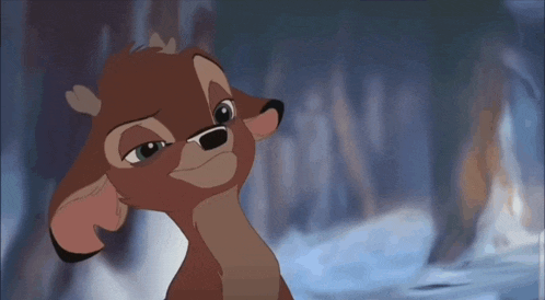 a close up of a cartoon deer with a serious look on his face