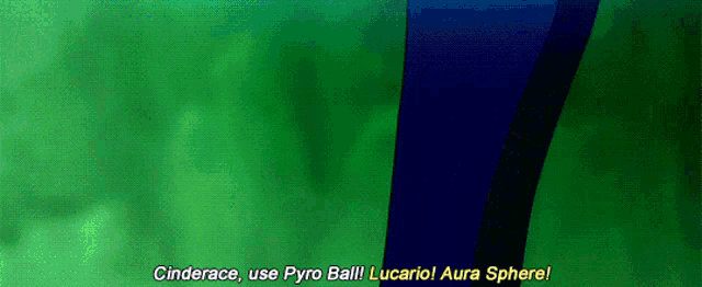 a blue and green background with the words cinderace use pyro ball lucario aura sphere