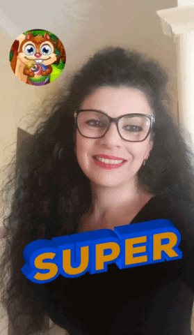 a woman wearing glasses and a black shirt with the word super in front of her