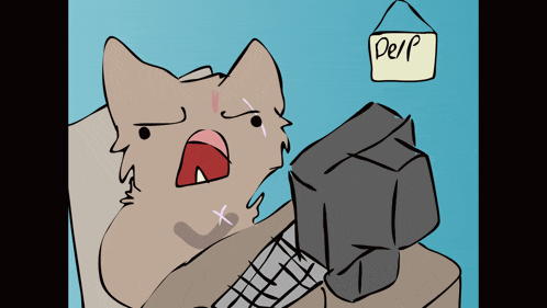 a cat is sitting at a desk with a sign that says perp