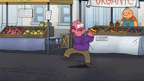 a cartoon of a man eating a hot dog in front of an organic stand