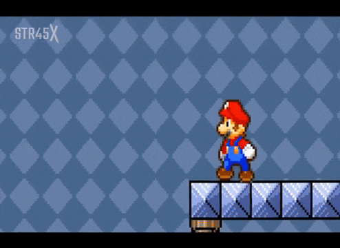 a pixel art of mario holding a flower with the letters str45x on the bottom