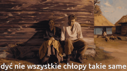 a painting of a man and woman sitting next to each other with the words dyc nie wszystkie chtopy takie same