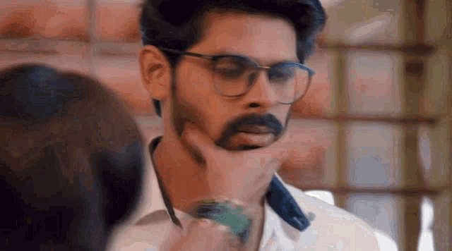 a man with glasses and a mustache is being touched by a woman 's hand .