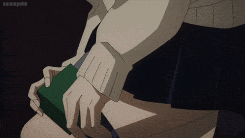 a cartoon of a girl holding a green box with animepahe written on the bottom
