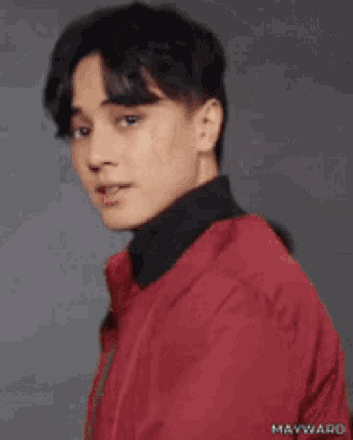a young man wearing a red jacket and a gray shirt