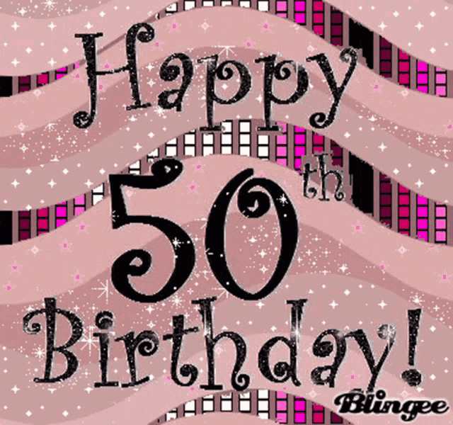 a 50th birthday greeting card with a pink and black background
