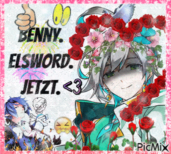 a picture of a girl with flowers on her head and the words benny elsword jetzt