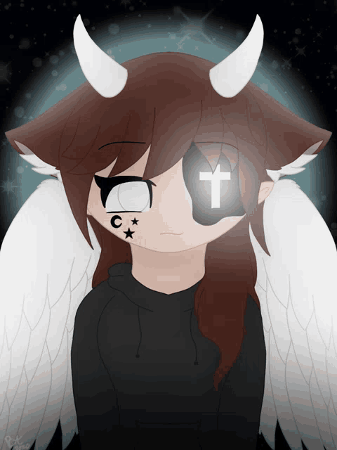 a girl with horns and a cross on her face