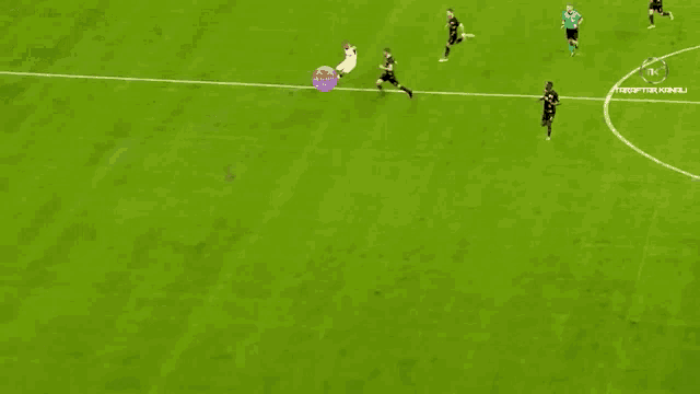 an aerial view of a soccer field with a goalie jumping to catch the ball .