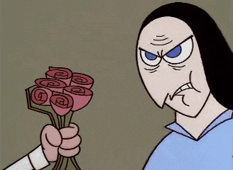 a cartoon character is holding a bouquet of roses and blowing flames out of his mouth