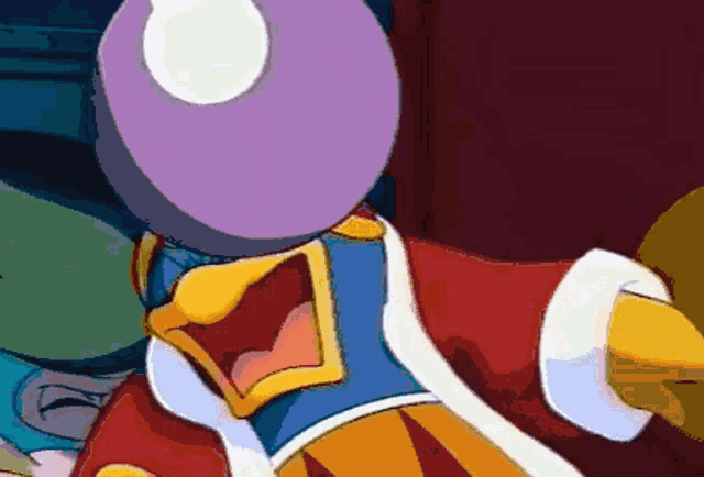 a cartoon character wearing a purple hat and a red coat